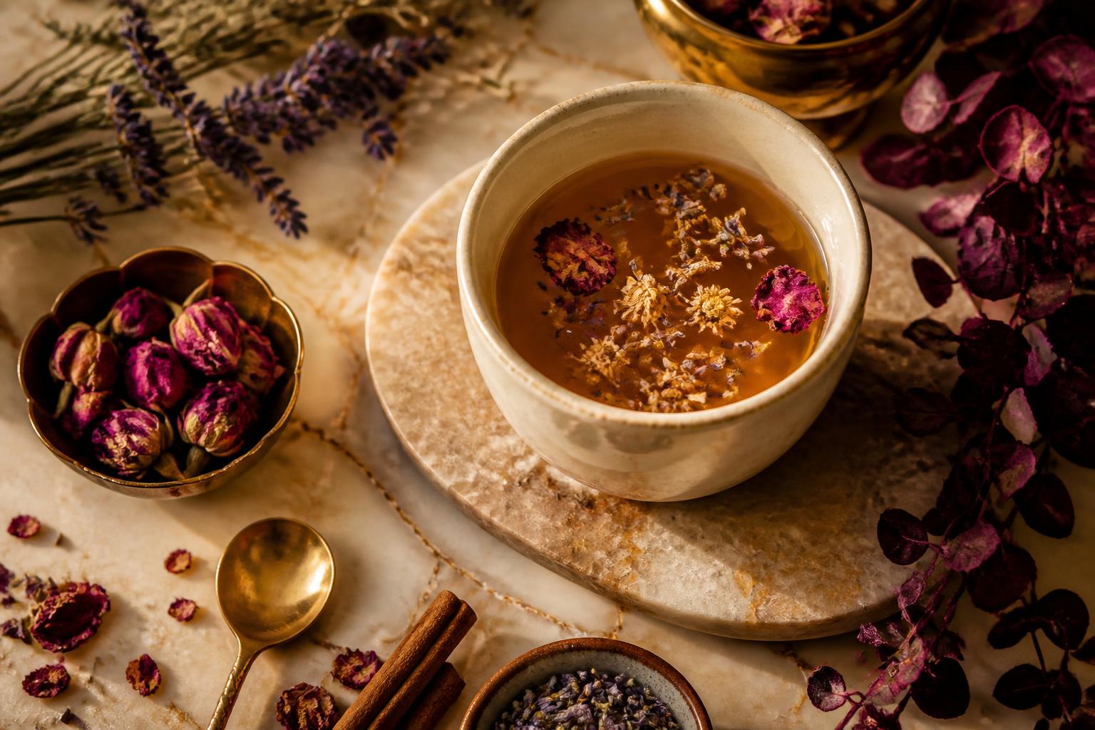 Warm tea ritual scene with gold accents, lavender, rose petals, and a ceramic cup
